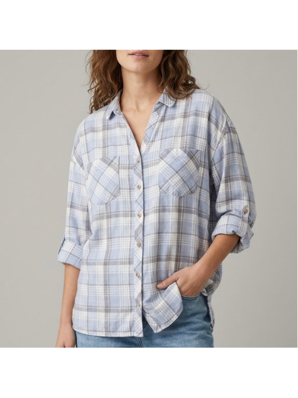 J. Jill Lightweight Button Flannel Plaid Blouse, Blue Gray, Roll-Tab Sleeves L